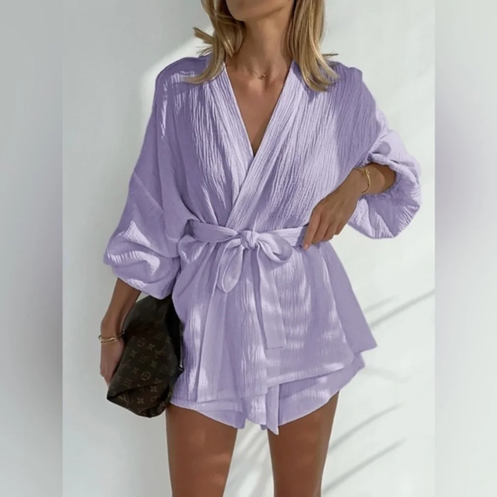 Commense Lilac Two Piece Shorts Set Belted Chic Summer Outfit‎ size S NEW